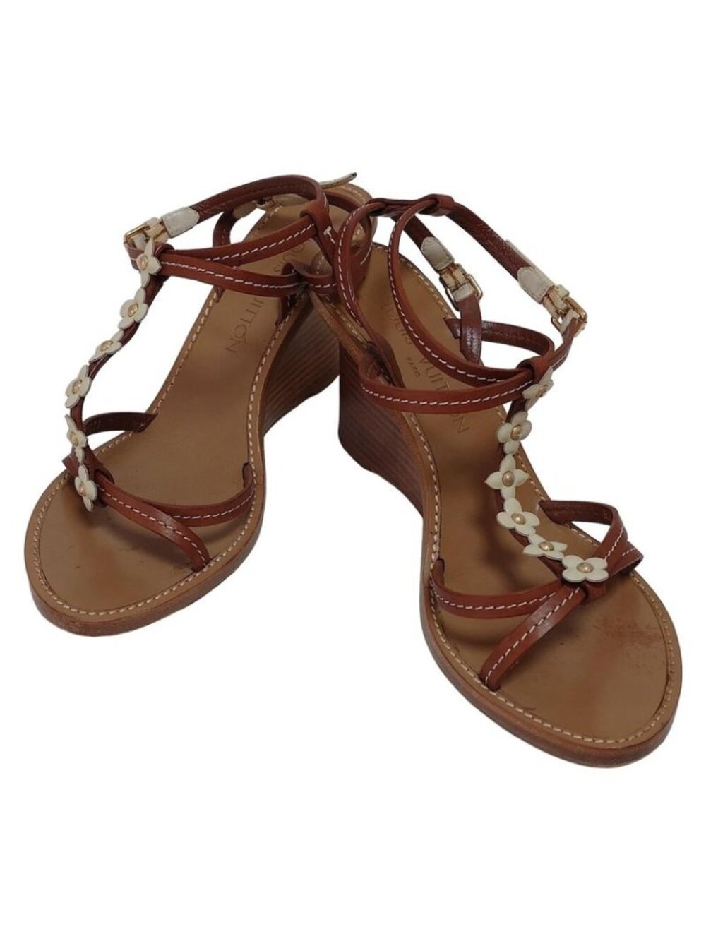Louis Vuitton Sandals 38 Dark Brown Ivory Wedge Sole Flower Leather - Picture 2 of 7